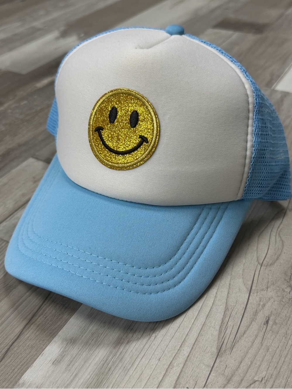 Light Blue & White Smiley Face Trucker Hat
